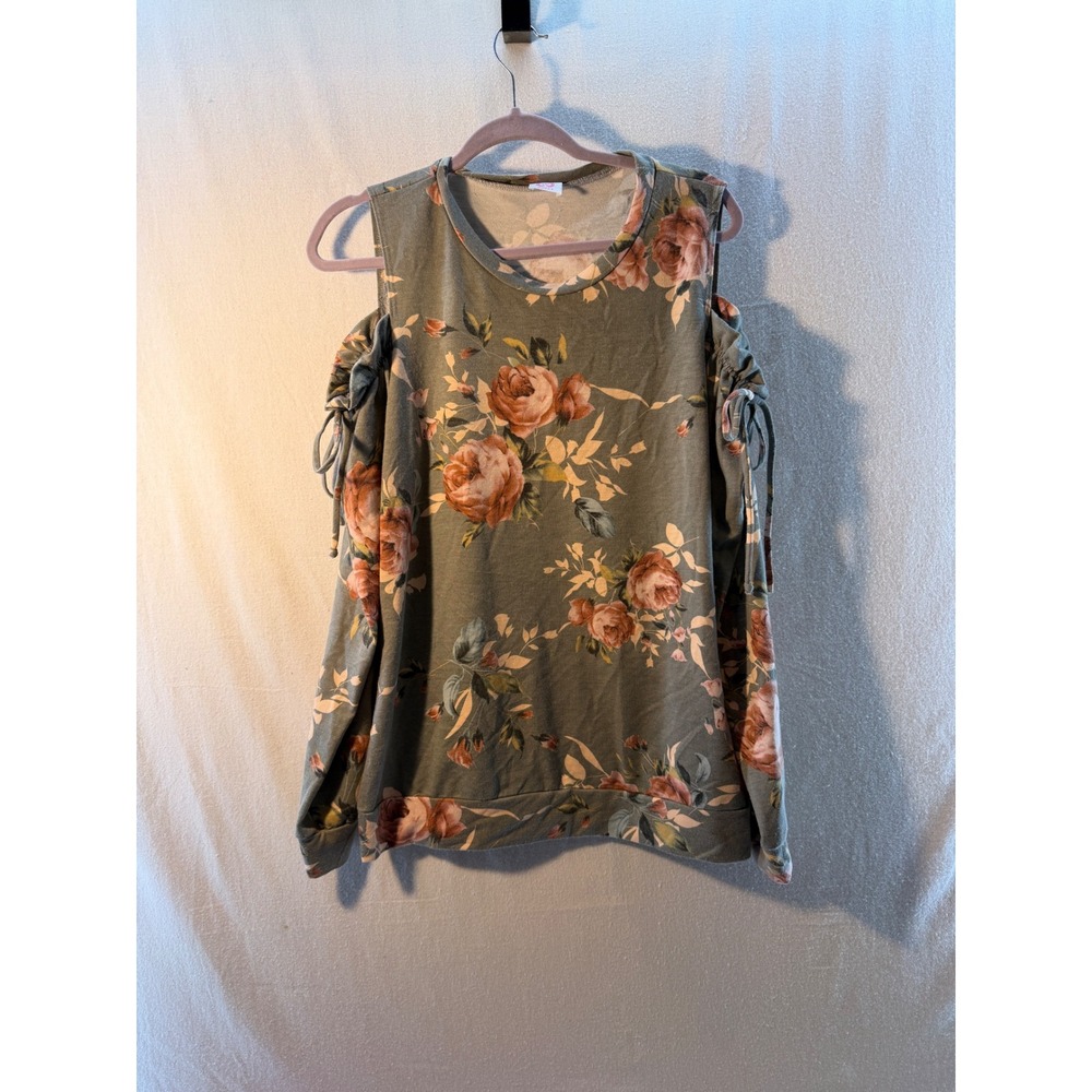 Wanna B Floral Cold Shoulder‎ Tie Sleeve Sweatshirt Olive Green Roses Top L